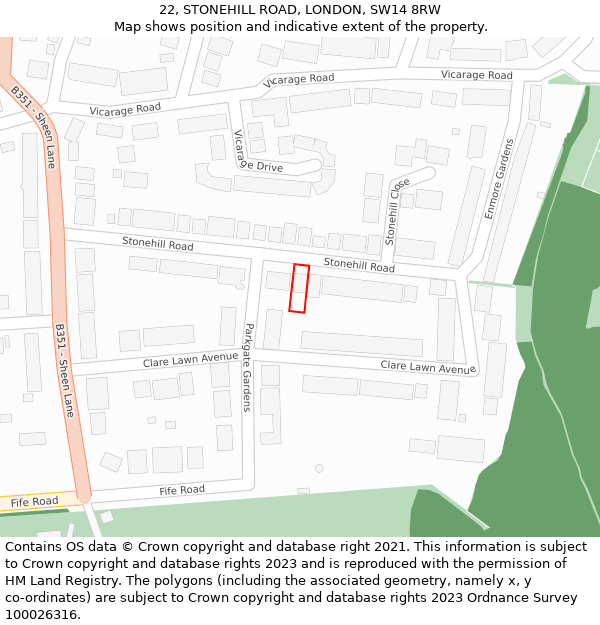 22, STONEHILL ROAD, LONDON, SW14 8RW: Location map and indicative extent of plot