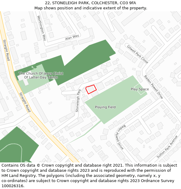 22, STONELEIGH PARK, COLCHESTER, CO3 9FA: Location map and indicative extent of plot
