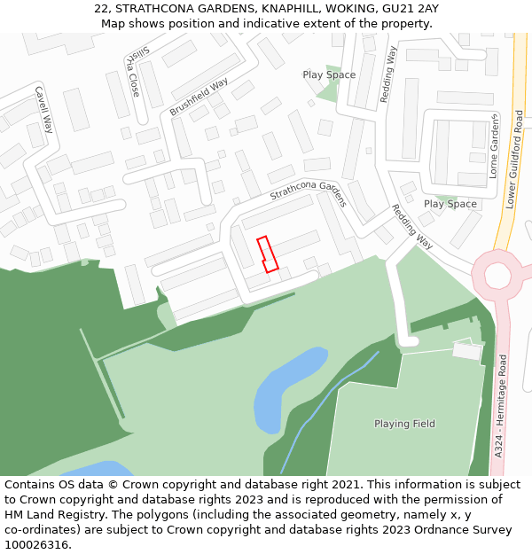 22, STRATHCONA GARDENS, KNAPHILL, WOKING, GU21 2AY: Location map and indicative extent of plot