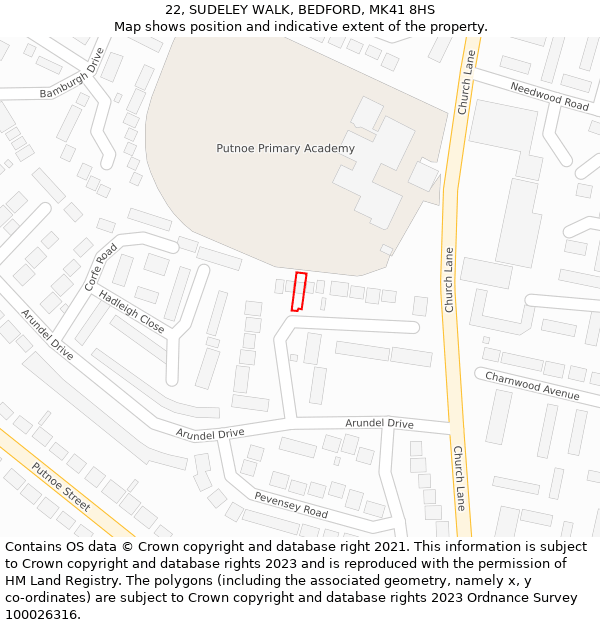 22, SUDELEY WALK, BEDFORD, MK41 8HS: Location map and indicative extent of plot