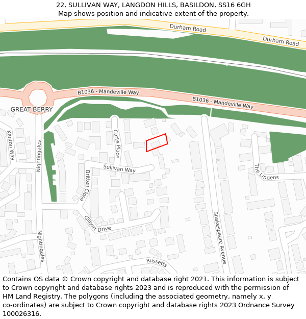 22, SULLIVAN WAY, LANGDON HILLS, BASILDON, SS16 6GH: Location map and indicative extent of plot