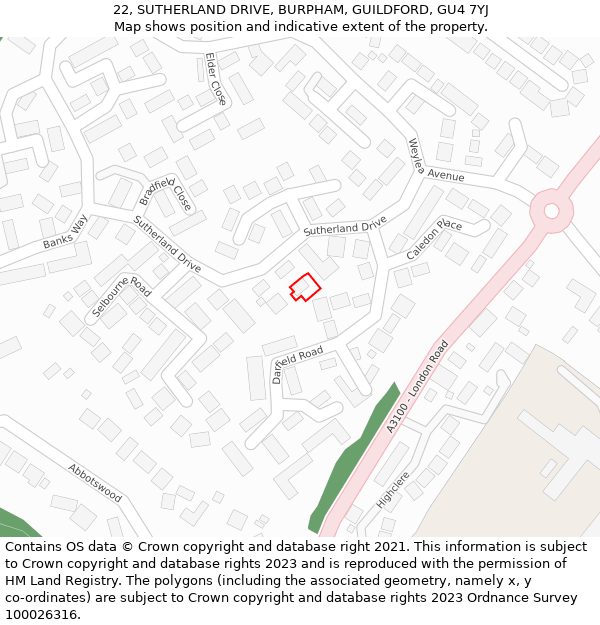 22, SUTHERLAND DRIVE, BURPHAM, GUILDFORD, GU4 7YJ: Location map and indicative extent of plot