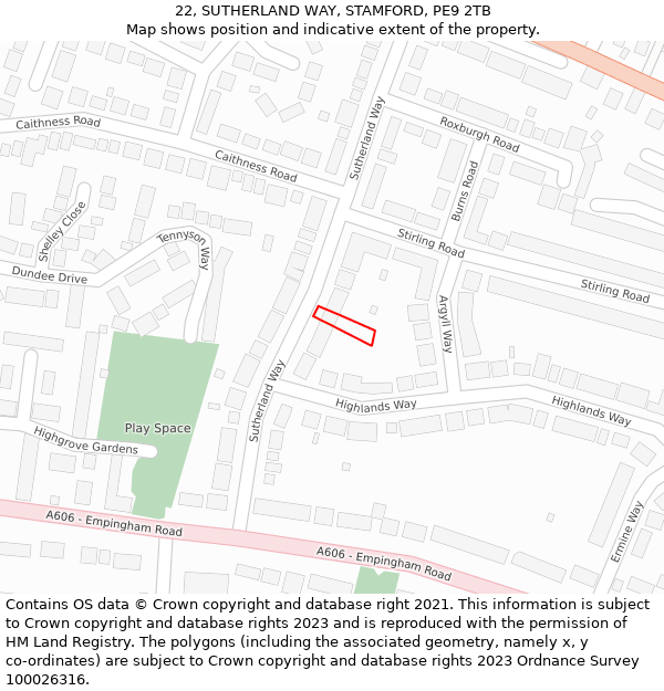 22, SUTHERLAND WAY, STAMFORD, PE9 2TB: Location map and indicative extent of plot