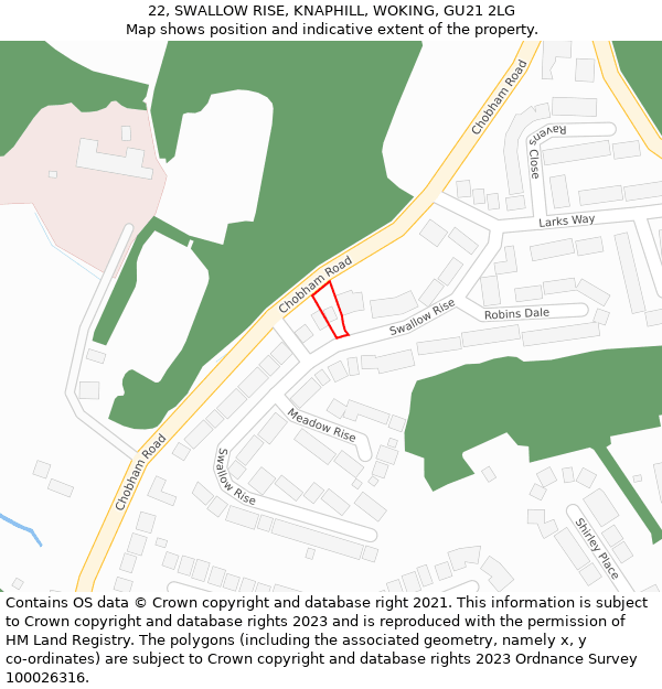 22, SWALLOW RISE, KNAPHILL, WOKING, GU21 2LG: Location map and indicative extent of plot