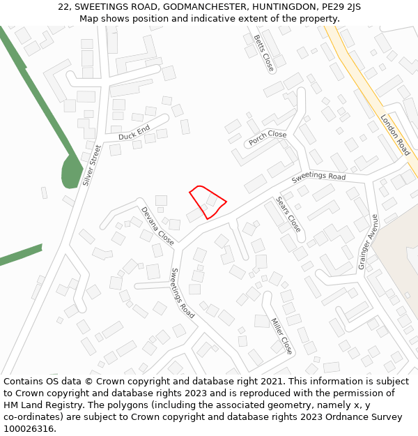 22, SWEETINGS ROAD, GODMANCHESTER, HUNTINGDON, PE29 2JS: Location map and indicative extent of plot