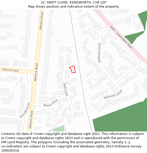 22, SWIFT CLOSE, KENILWORTH, CV8 1QT: Location map and indicative extent of plot