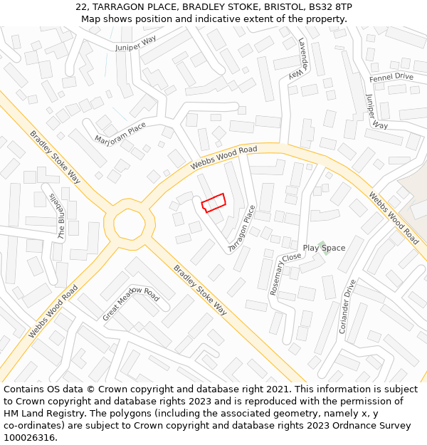 22, TARRAGON PLACE, BRADLEY STOKE, BRISTOL, BS32 8TP: Location map and indicative extent of plot