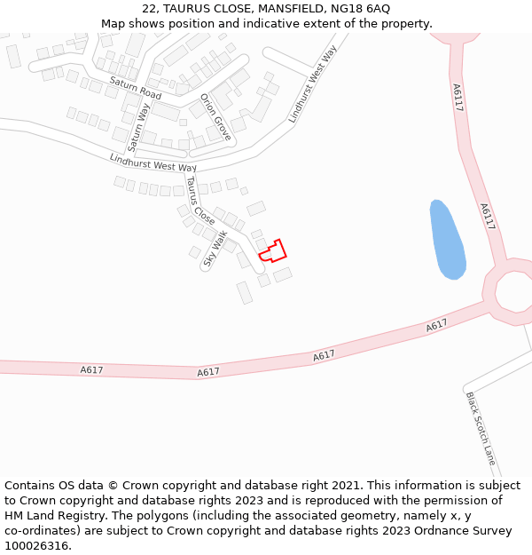 22, TAURUS CLOSE, MANSFIELD, NG18 6AQ: Location map and indicative extent of plot