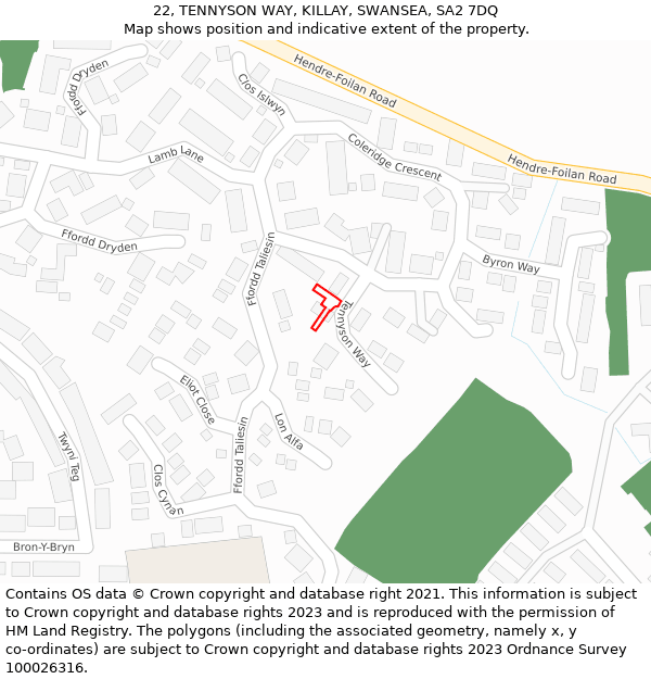 22, TENNYSON WAY, KILLAY, SWANSEA, SA2 7DQ: Location map and indicative extent of plot