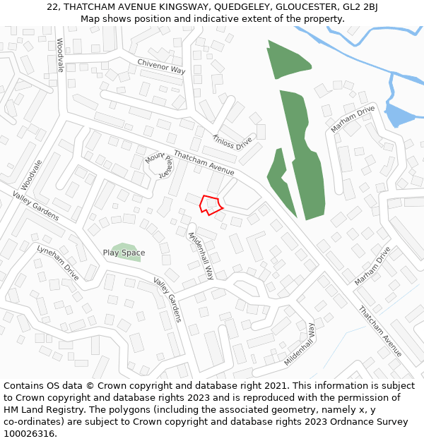 22, THATCHAM AVENUE KINGSWAY, QUEDGELEY, GLOUCESTER, GL2 2BJ: Location map and indicative extent of plot