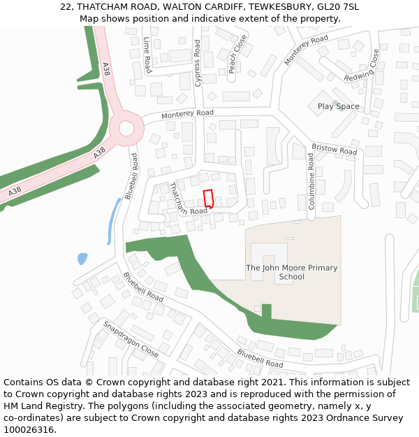 22, THATCHAM ROAD, WALTON CARDIFF, TEWKESBURY, GL20 7SL: Location map and indicative extent of plot