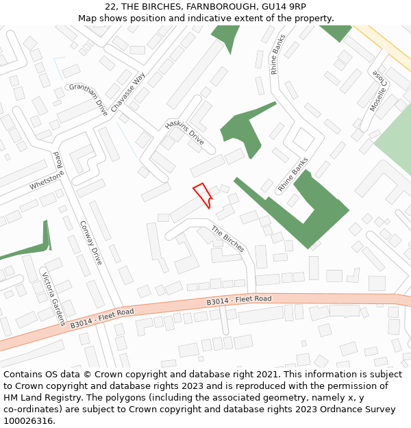 22, THE BIRCHES, FARNBOROUGH, GU14 9RP: Location map and indicative extent of plot