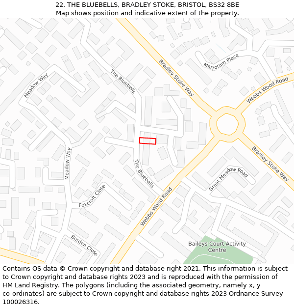 22, THE BLUEBELLS, BRADLEY STOKE, BRISTOL, BS32 8BE: Location map and indicative extent of plot