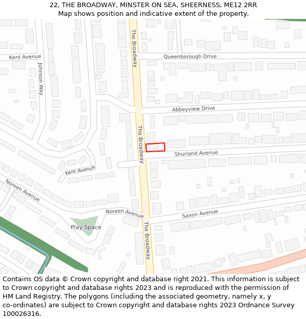 22, THE BROADWAY, MINSTER ON SEA, SHEERNESS, ME12 2RR: Location map and indicative extent of plot