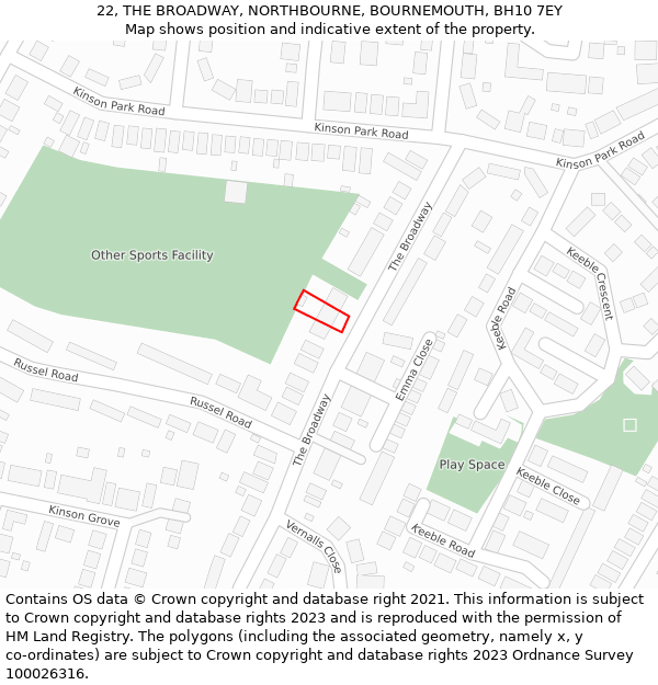 22, THE BROADWAY, NORTHBOURNE, BOURNEMOUTH, BH10 7EY: Location map and indicative extent of plot