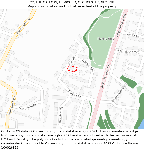 22, THE GALLOPS, HEMPSTED, GLOUCESTER, GL2 5GB: Location map and indicative extent of plot