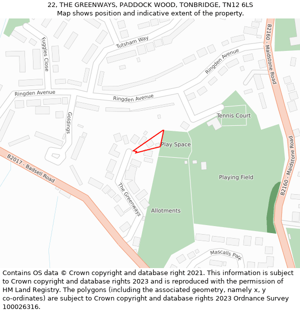 22, THE GREENWAYS, PADDOCK WOOD, TONBRIDGE, TN12 6LS: Location map and indicative extent of plot