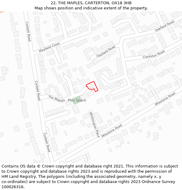 22, THE MAPLES, CARTERTON, OX18 3HB: Location map and indicative extent of plot