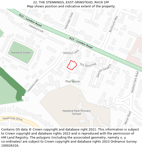 22, THE STENNINGS, EAST GRINSTEAD, RH19 1PF: Location map and indicative extent of plot