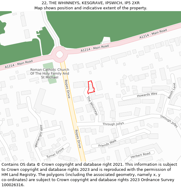 22, THE WHINNEYS, KESGRAVE, IPSWICH, IP5 2XR: Location map and indicative extent of plot