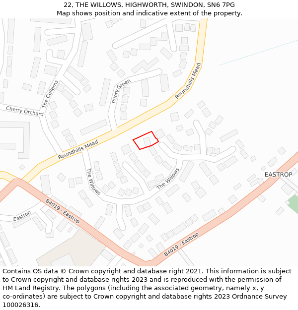 22, THE WILLOWS, HIGHWORTH, SWINDON, SN6 7PG: Location map and indicative extent of plot