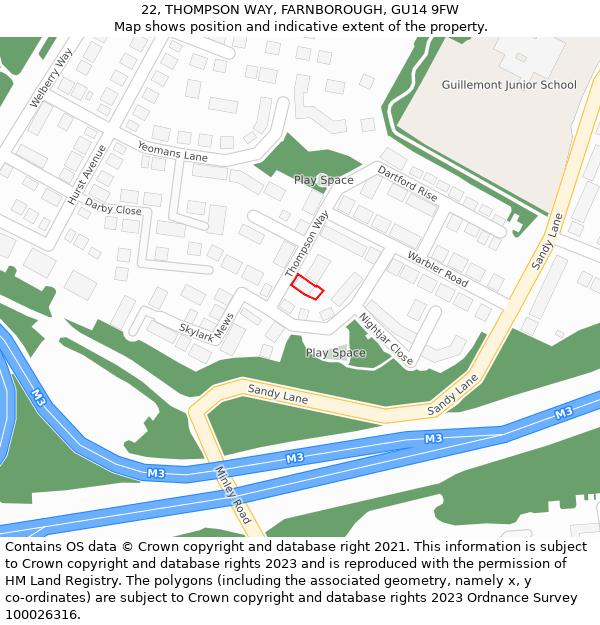 22, THOMPSON WAY, FARNBOROUGH, GU14 9FW: Location map and indicative extent of plot