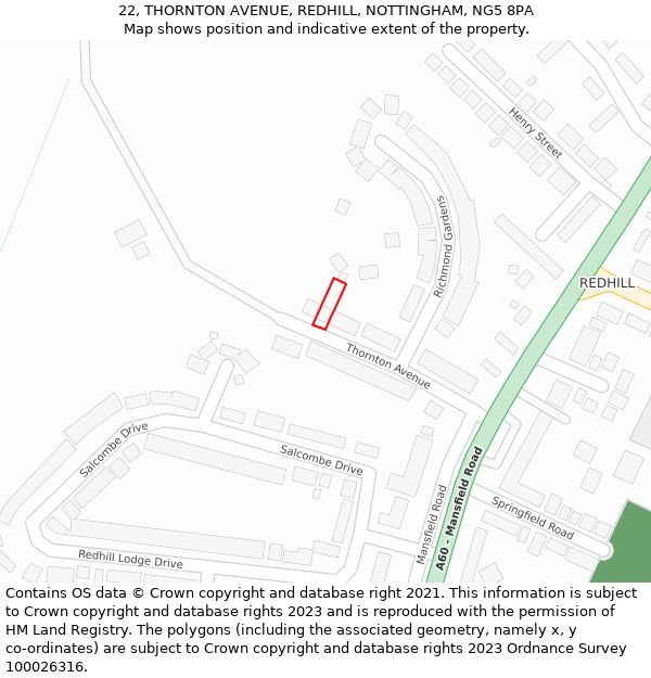 22, THORNTON AVENUE, REDHILL, NOTTINGHAM, NG5 8PA: Location map and indicative extent of plot
