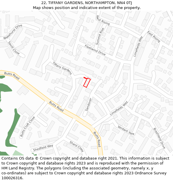 22, TIFFANY GARDENS, NORTHAMPTON, NN4 0TJ: Location map and indicative extent of plot