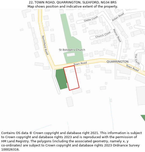 22, TOWN ROAD, QUARRINGTON, SLEAFORD, NG34 8RS: Location map and indicative extent of plot