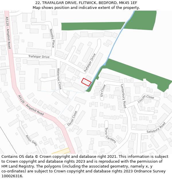 22, TRAFALGAR DRIVE, FLITWICK, BEDFORD, MK45 1EF: Location map and indicative extent of plot