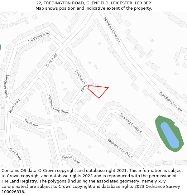 22, TREDINGTON ROAD, GLENFIELD, LEICESTER, LE3 8EP: Location map and indicative extent of plot