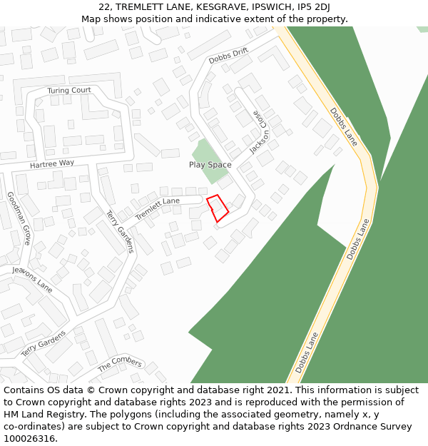 22, TREMLETT LANE, KESGRAVE, IPSWICH, IP5 2DJ: Location map and indicative extent of plot