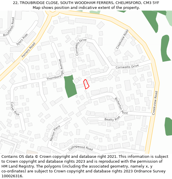 22, TROUBRIDGE CLOSE, SOUTH WOODHAM FERRERS, CHELMSFORD, CM3 5YF: Location map and indicative extent of plot