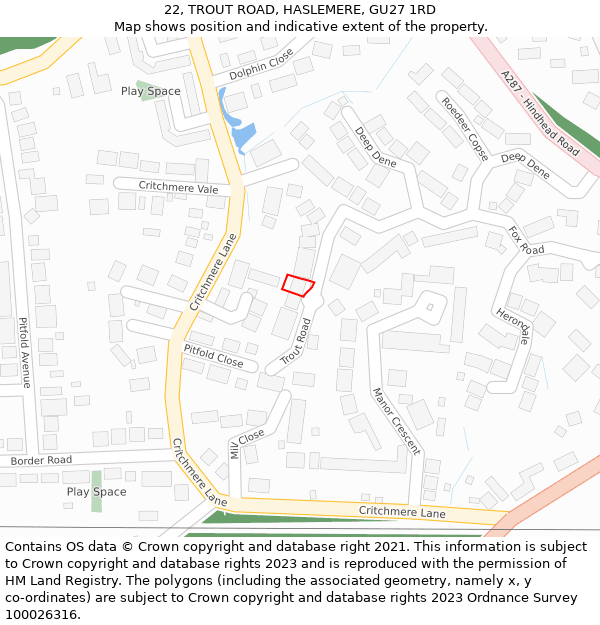 22, TROUT ROAD, HASLEMERE, GU27 1RD: Location map and indicative extent of plot