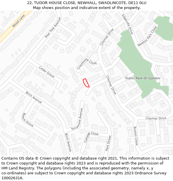 22, TUDOR HOUSE CLOSE, NEWHALL, SWADLINCOTE, DE11 0LU: Location map and indicative extent of plot