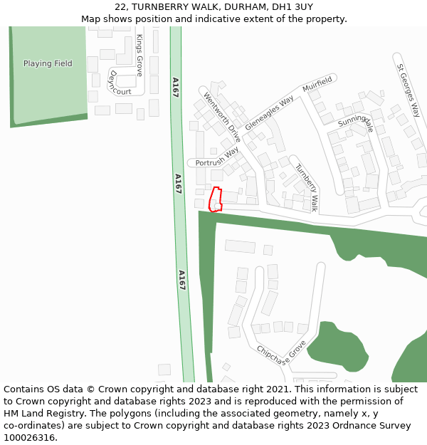 22, TURNBERRY WALK, DURHAM, DH1 3UY: Location map and indicative extent of plot