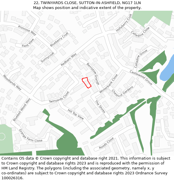 22, TWINYARDS CLOSE, SUTTON-IN-ASHFIELD, NG17 1LN: Location map and indicative extent of plot