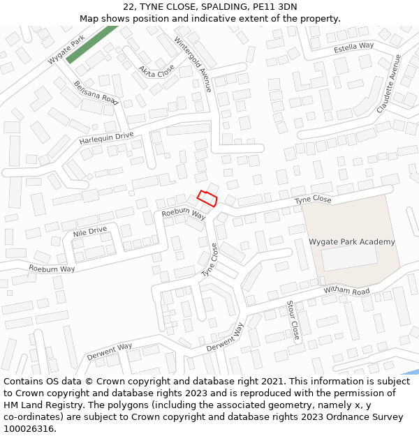 22, TYNE CLOSE, SPALDING, PE11 3DN: Location map and indicative extent of plot