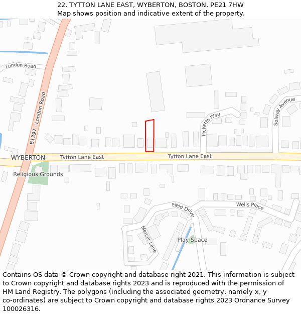 22, TYTTON LANE EAST, WYBERTON, BOSTON, PE21 7HW: Location map and indicative extent of plot