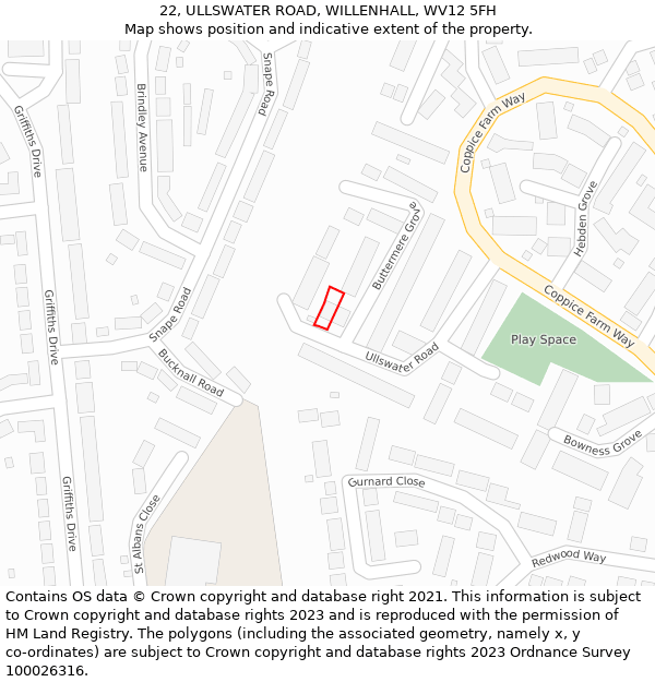 22, ULLSWATER ROAD, WILLENHALL, WV12 5FH: Location map and indicative extent of plot