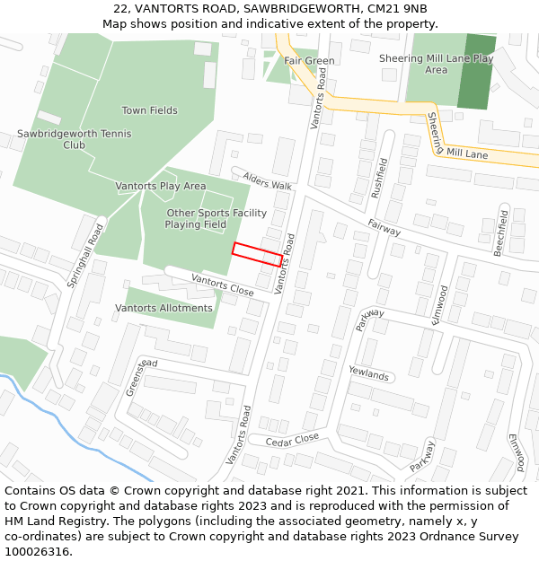 22, VANTORTS ROAD, SAWBRIDGEWORTH, CM21 9NB: Location map and indicative extent of plot