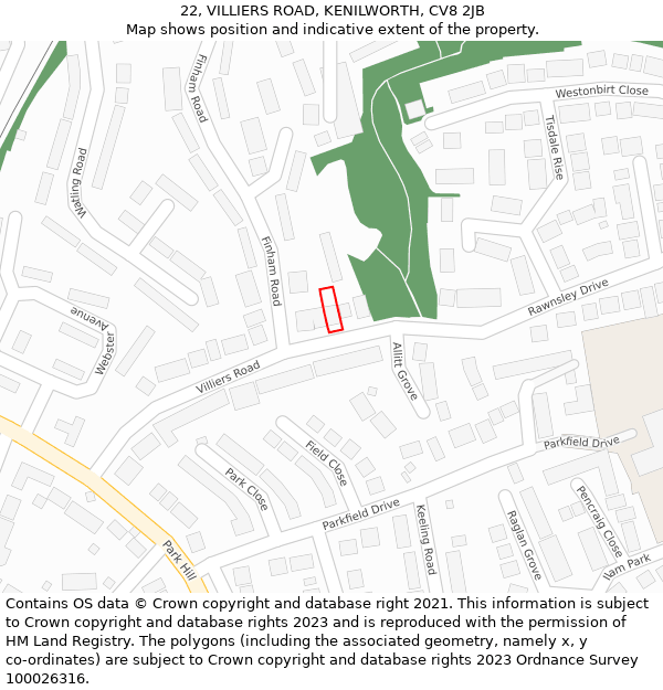 22, VILLIERS ROAD, KENILWORTH, CV8 2JB: Location map and indicative extent of plot