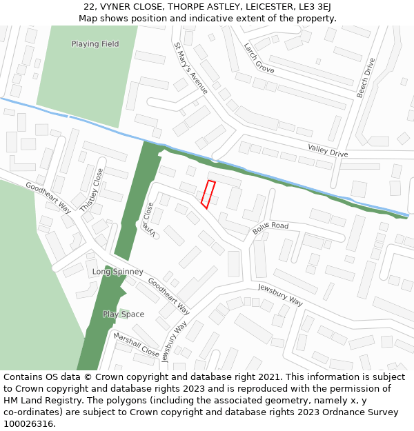 22, VYNER CLOSE, THORPE ASTLEY, LEICESTER, LE3 3EJ: Location map and indicative extent of plot