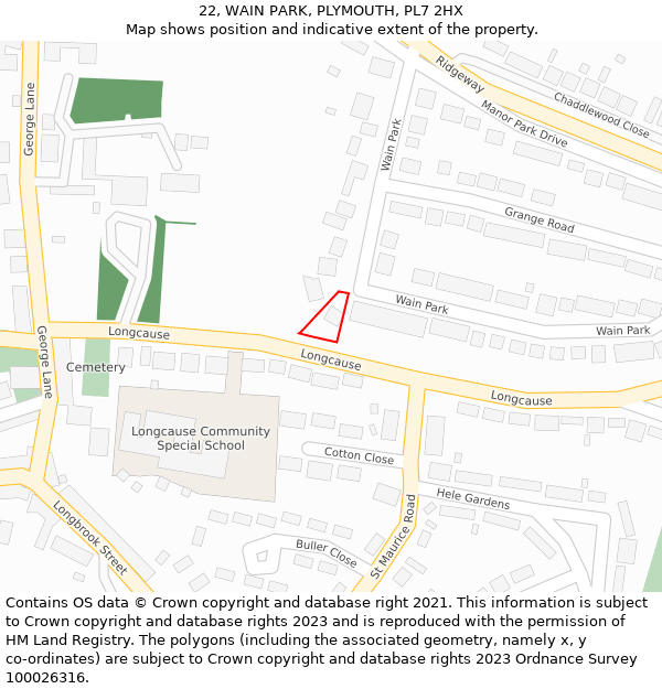 22, WAIN PARK, PLYMOUTH, PL7 2HX: Location map and indicative extent of plot