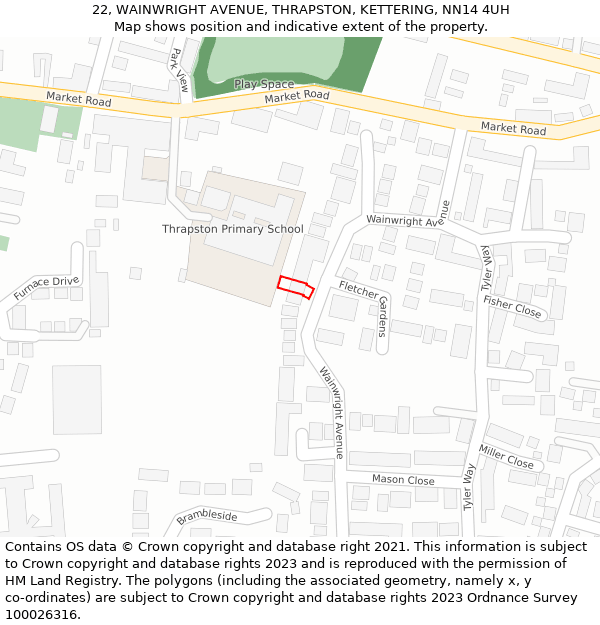 22, WAINWRIGHT AVENUE, THRAPSTON, KETTERING, NN14 4UH: Location map and indicative extent of plot
