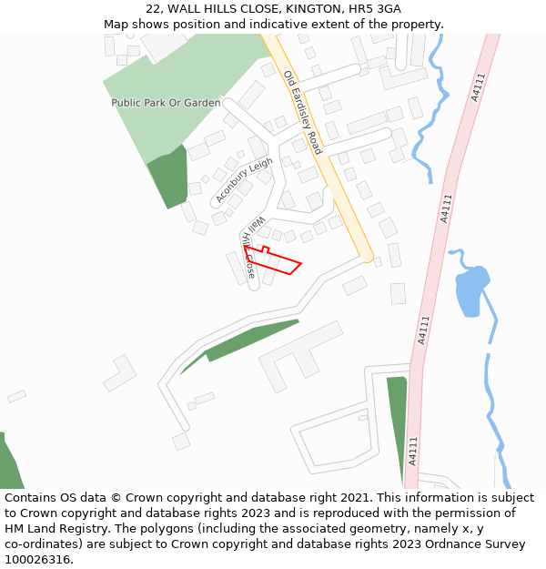 22, WALL HILLS CLOSE, KINGTON, HR5 3GA: Location map and indicative extent of plot