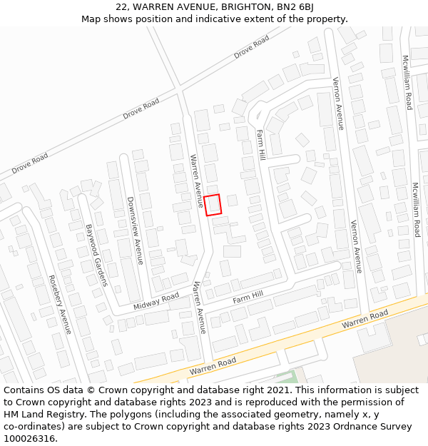 22, WARREN AVENUE, BRIGHTON, BN2 6BJ: Location map and indicative extent of plot