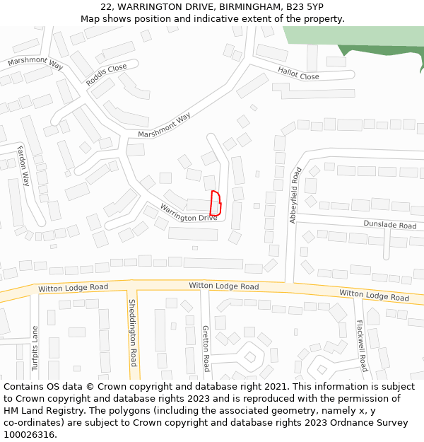 22, WARRINGTON DRIVE, BIRMINGHAM, B23 5YP: Location map and indicative extent of plot