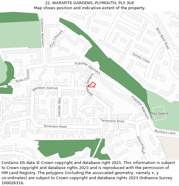 22, WARSPITE GARDENS, PLYMOUTH, PL5 3UE: Location map and indicative extent of plot