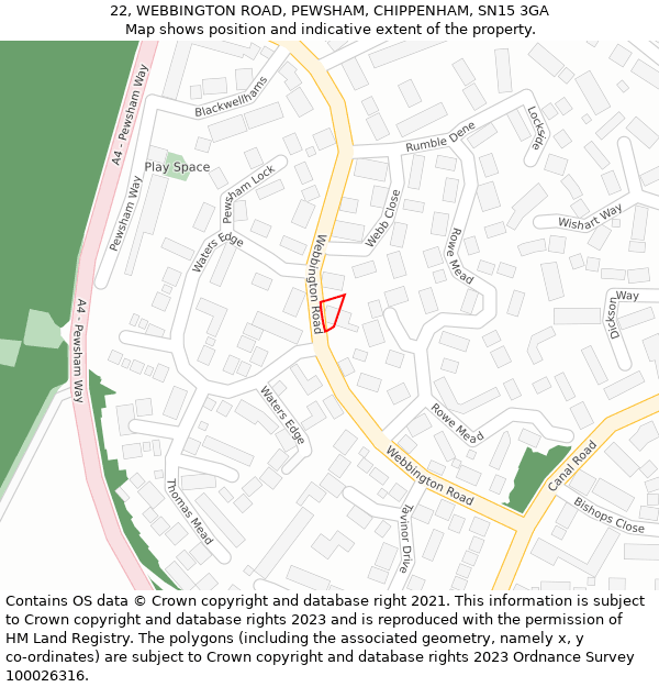 22, WEBBINGTON ROAD, PEWSHAM, CHIPPENHAM, SN15 3GA: Location map and indicative extent of plot